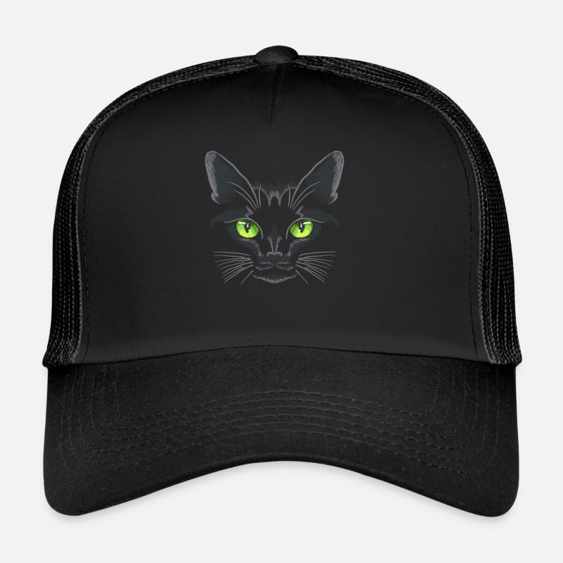 Schwarze Katze Grüne Augen - Trucker Cap - Schwarz/Schwarz