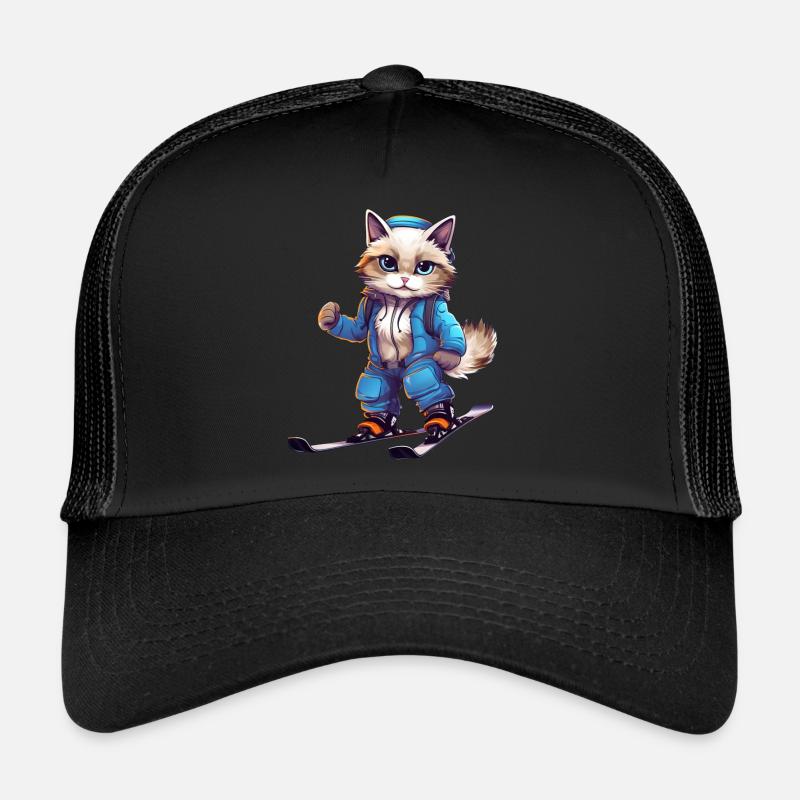 Ragdoll Katze Ski Wintersport Skifahrer - Trucker Cap - Schwarz/Schwarz