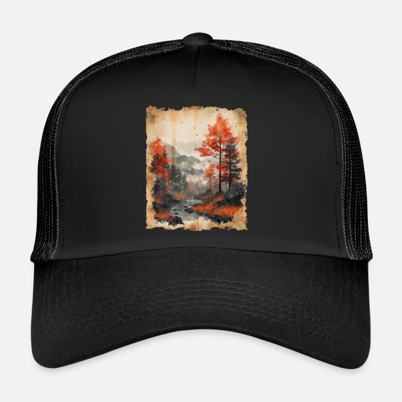 Classic Scenery Papyrus Scroll Onsen Japanese - Trucker Cap - black/black
