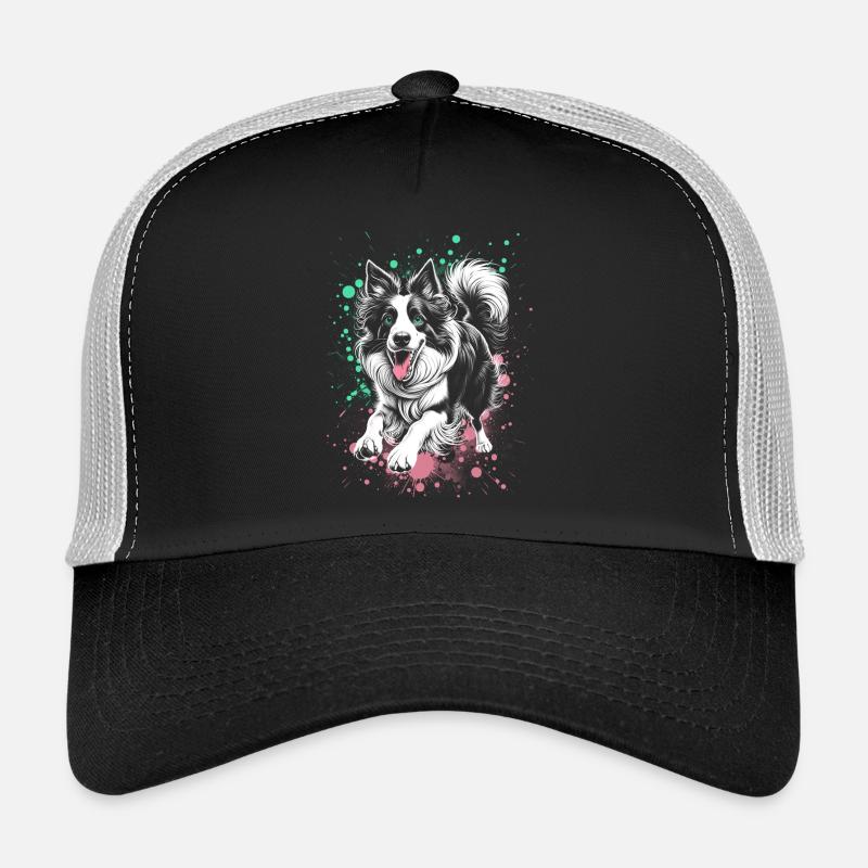 Lebensfroher Border Collie mit bunten Farbspritzer Trucker Cap