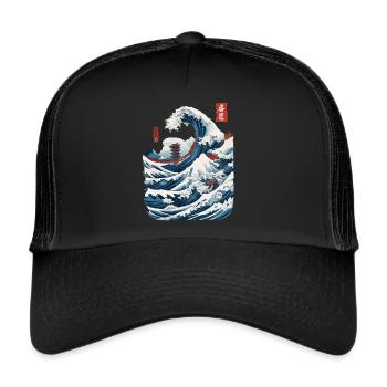 Vintage Japon Ukiyo-E vague Streetwear Design - Casquette trucker  - noir/noir - Devant