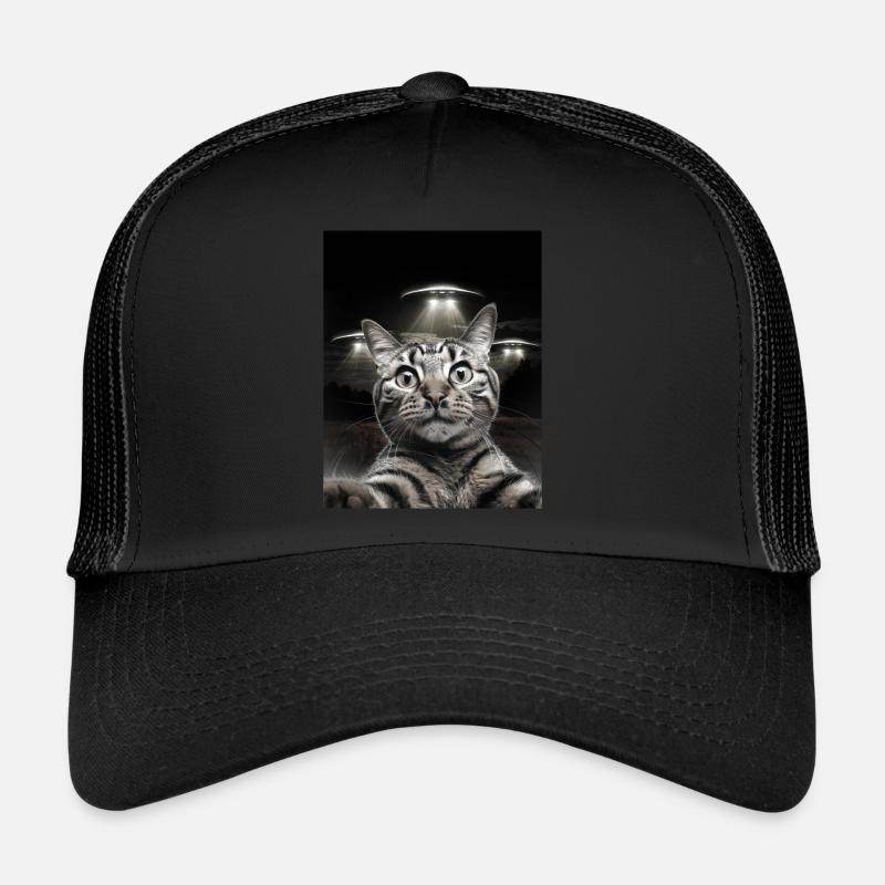 Lustiges Katzen Selfie Vor UFOs Katze UFO - Trucker Cap - Schwarz/Schwarz