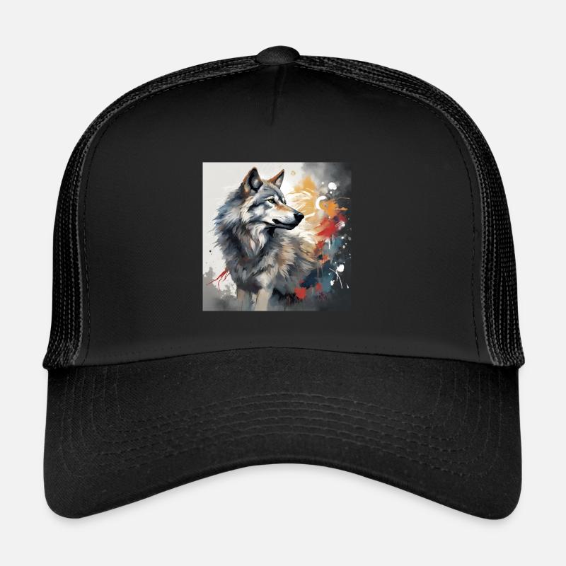 Gemalter Wolf -Tierbild - Wolf T-Shirt kunstvoll - Trucker Cap - Schwarz/Schwarz