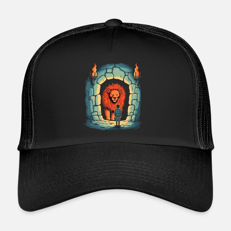 Le lion de donjon calme et amical avec un ami Casquette trucker 