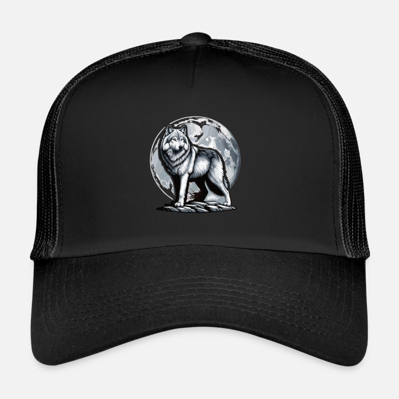 Majestätischer Wolf im Mondschein Design - Trucker Cap - Schwarz/Schwarz