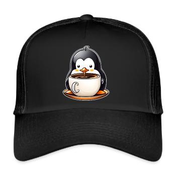 Niedlicher Pinguin mit Kaffee II - Trucker Cap - Schwarz/Schwarz - Vorne