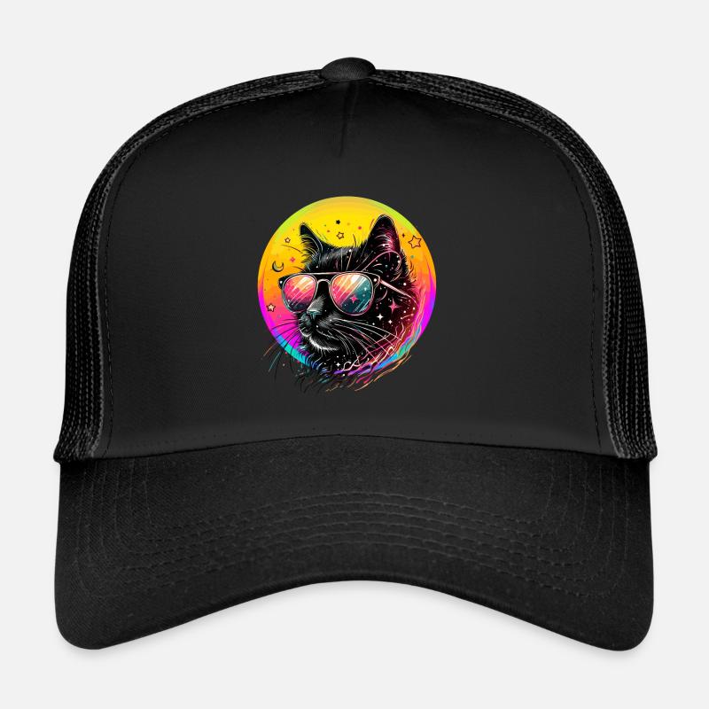 Katze Katzen Mama Neon Sonnenbrille 80er Disco - Trucker Cap - Schwarz/Schwarz