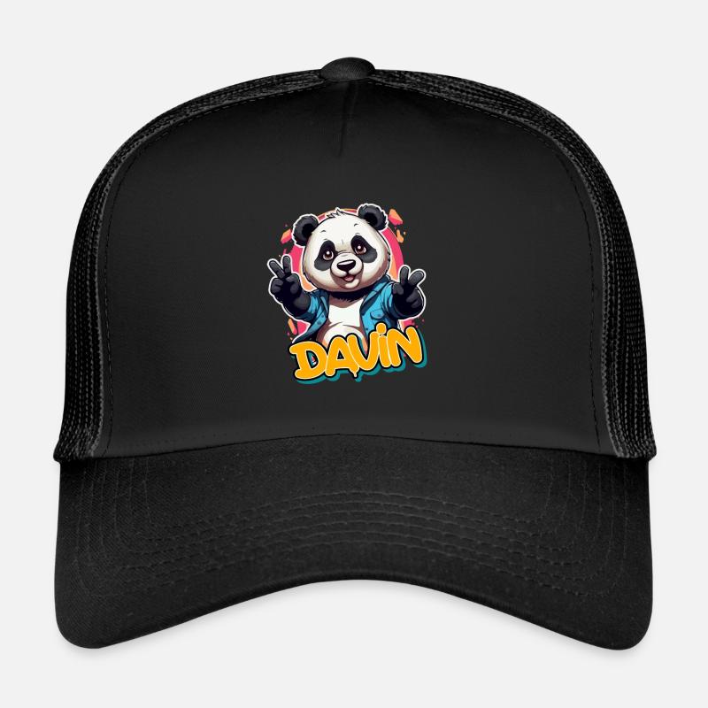 DAVIN - Schöner Jungen Name mit coolem Panda - Trucker Cap - Schwarz/Schwarz