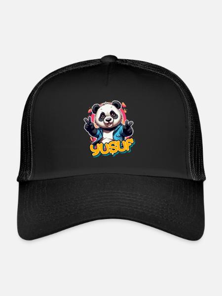 YUSUF - Handsome boy name with cool panda - Trucker Cap - black/black - Front