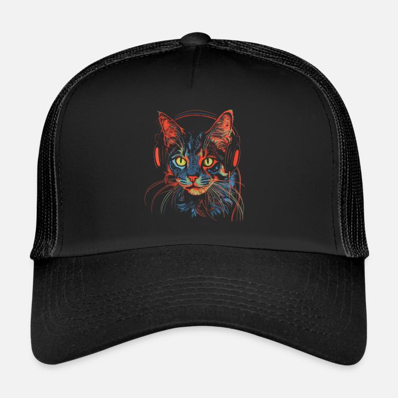 Katze Musik Kopfhörer Geschenk - Trucker Cap - Schwarz/Schwarz