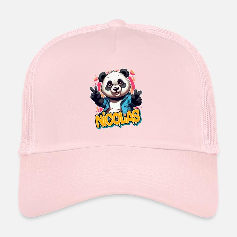 NICOLAS - Schöner Jungen Name mit coolem Panda Trucker Cap