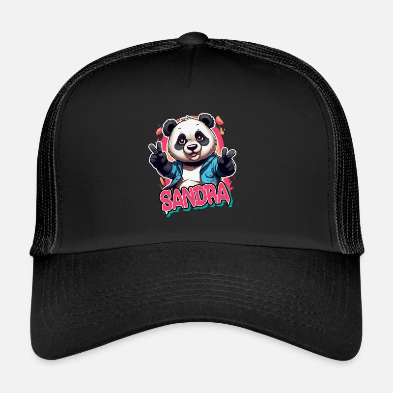 SANDRA - Schöner Mädchen Name mit coolem Panda - Trucker Cap - Schwarz/Schwarz
