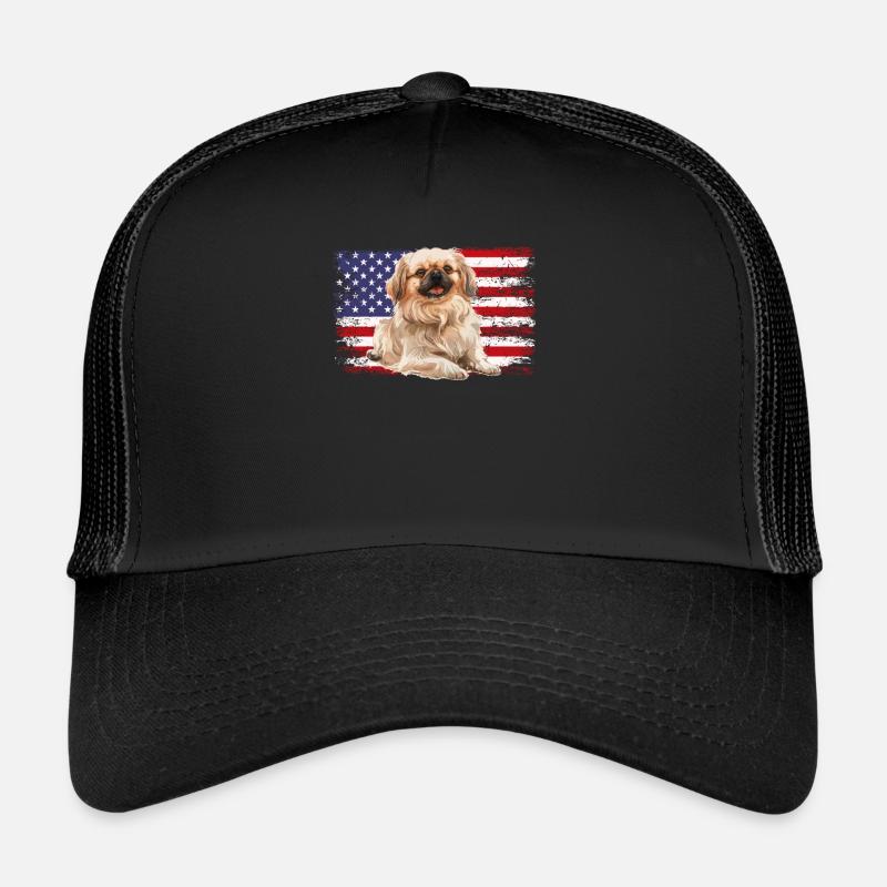 Pekingese American flag Trucker Cap