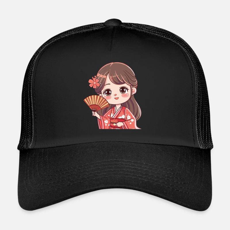 Cute Cherry Blossom Kimono Figurine Trucker Cap