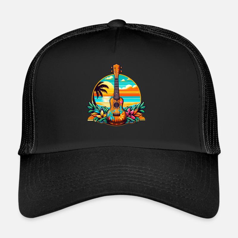 Rétro plage coucher de soleil Ukulélé Uke Player Instrument Casquette trucker 
