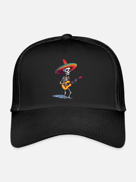 Guitariste squelette mariachi mexicain - Casquette trucker  - noir/noir - Devant