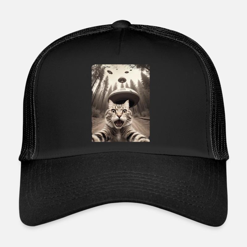 Lustiges Katzen Selfie Außerirdisches Raumschiff - Trucker Cap - Schwarz/Schwarz