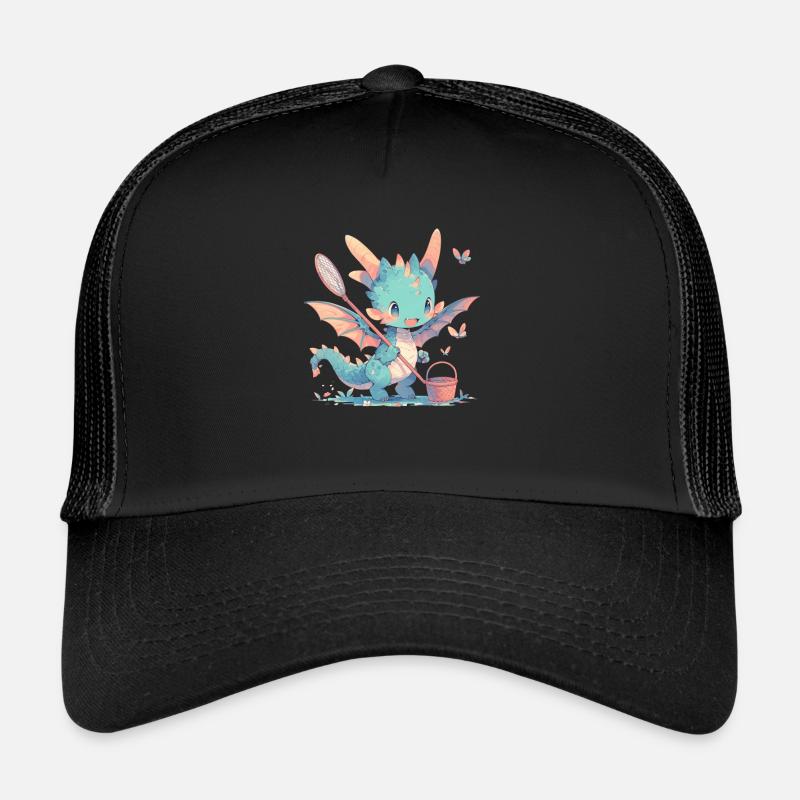 Drache Schmetterling Kawaii Drache Kinder - Trucker Cap - Schwarz/Schwarz