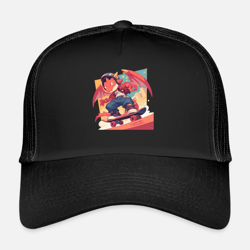 Drachen Skater Kawaii Drache Kinder - Trucker Cap - Schwarz/Schwarz