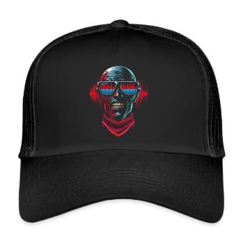Skull Mit Sonnenbrillen Hausmusik Rave DJ - Trucker Cap - Schwarz/Schwarz - Vorne