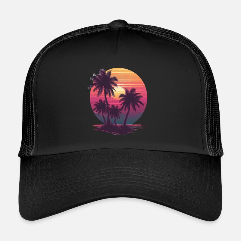 Océan Palmiers Vintage Rétro Coucher de soleil Casquette trucker 