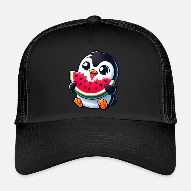Pinguin mit Wassermelone Cartoon - Trucker Cap - Schwarz/Schwarz