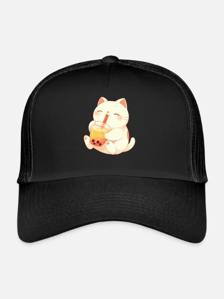 Chat buvant du thé à bulles Boba et chats Anime - Casquette trucker  - noir/noir - Devant