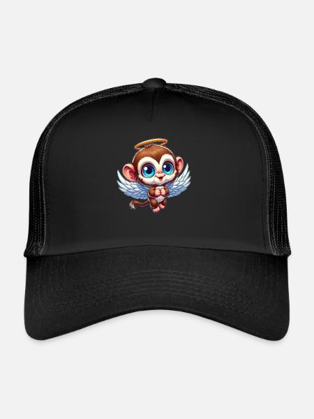 Singe Chimpanzé Ange Dessin Animé - Casquette trucker  - noir/noir - Devant