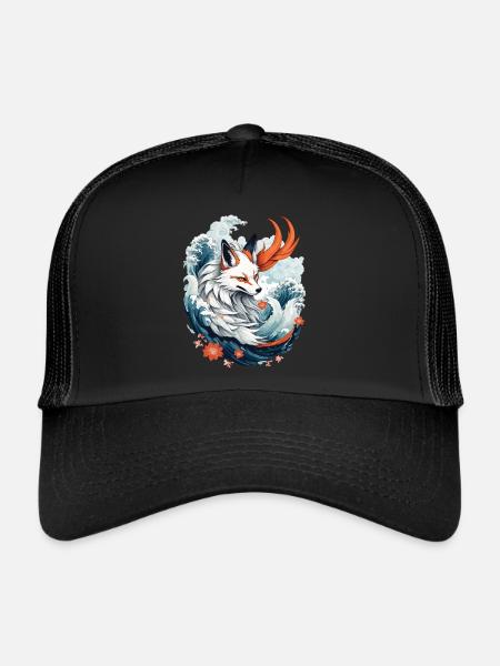 Japanese Kitsune Fox Anime Kawaii Fox Ghost - Trucker Cap - black/black - Front
