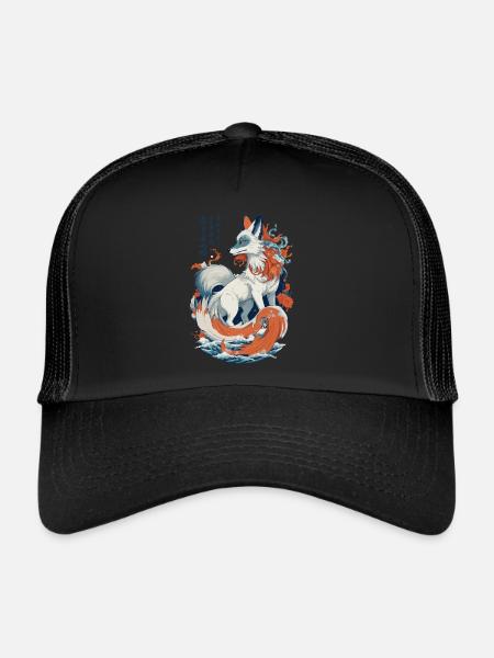 Vintage Ukiyo-E Art Japanese Kitsune Fox - Trucker Cap - black/black - Front