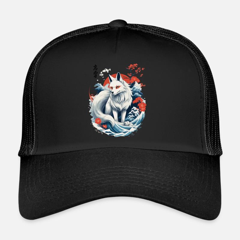 White Ukiyo-E Fox Japanese Kitsune Mask Trucker Cap