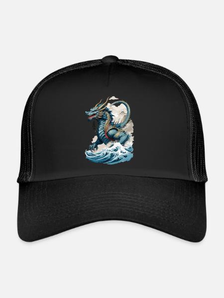 Art Ukiyo-E Vintage Design Dragon Japonais - Casquette trucker  - noir/noir - Devant