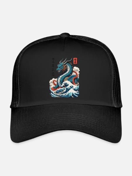 Vintage Ukiyo-E Art Japanese Dragon Design - Trucker Cap - black/black - Front