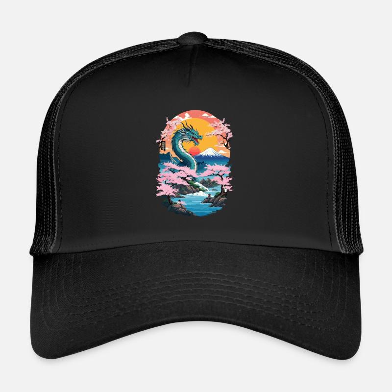 Cherry Blossoms Ukiyo-E Art Dragon Anime Casquette trucker 