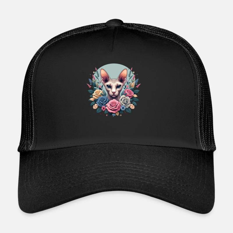 Chat Sphynx avec Fleurs - Casquette trucker  - noir/noir