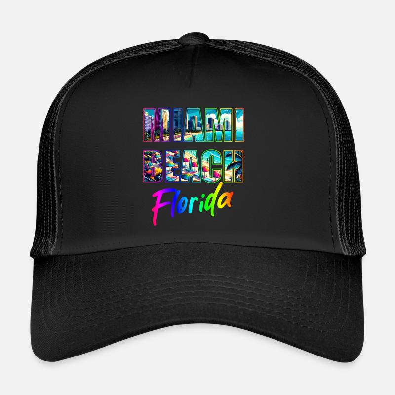 Miami Beach - Florida - Trucker Cap - Schwarz/Schwarz