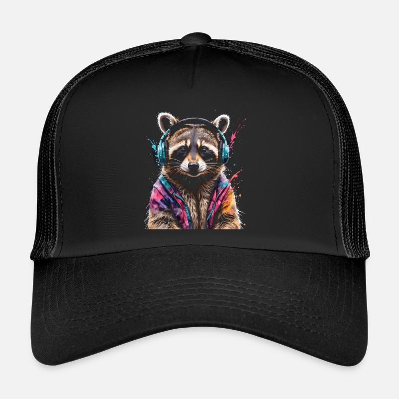 Waschbär Kopfhörer Musik Bunt Tier Design Print - Trucker Cap - Schwarz/Schwarz