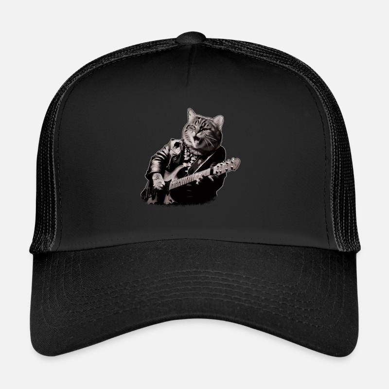 Rocker Cat Playing Guitar Instruments Meow - Trucker Cap - black/black