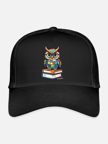 Books Owl Owls Lover Cute Book Illustration - Trucker Cap - black/black - Front