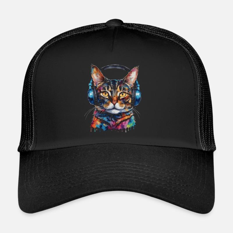 Katze Kopfhörer Bunt Lustig Tier Design Print - Trucker Cap - Schwarz/Schwarz