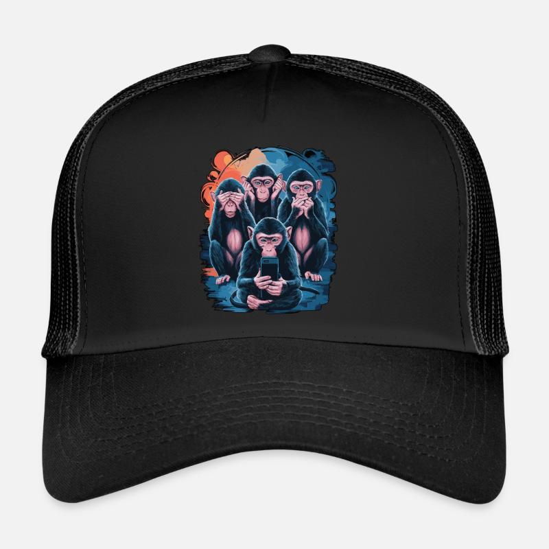 Wise Monkey With Mobile Phone Funny Multi Media Design Trucker Cap
