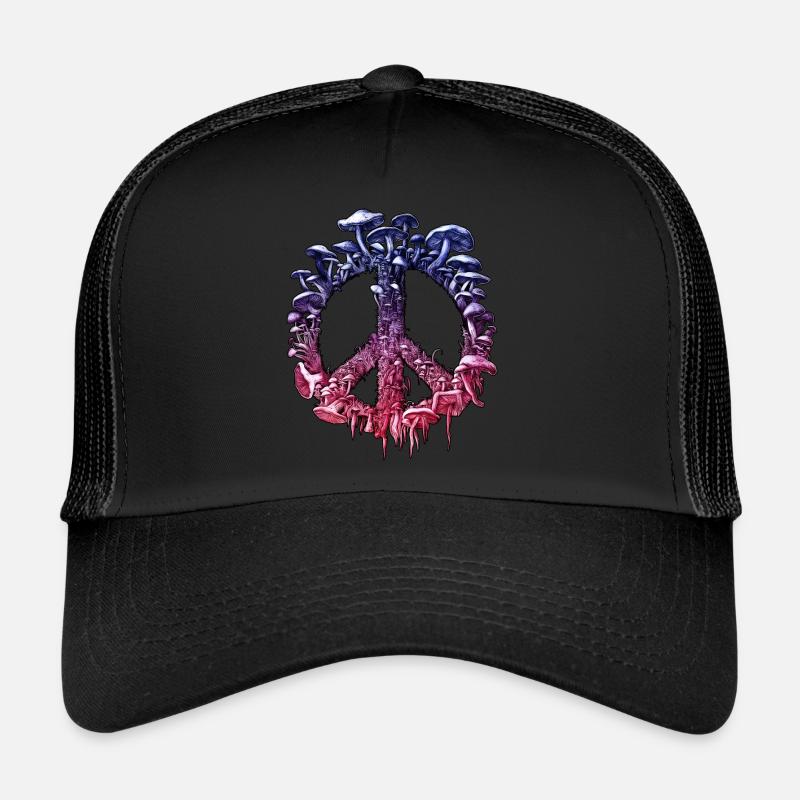 Lebendiges psychedelisches Pilz-Friedenszeichen - Trucker Cap - Schwarz/Schwarz