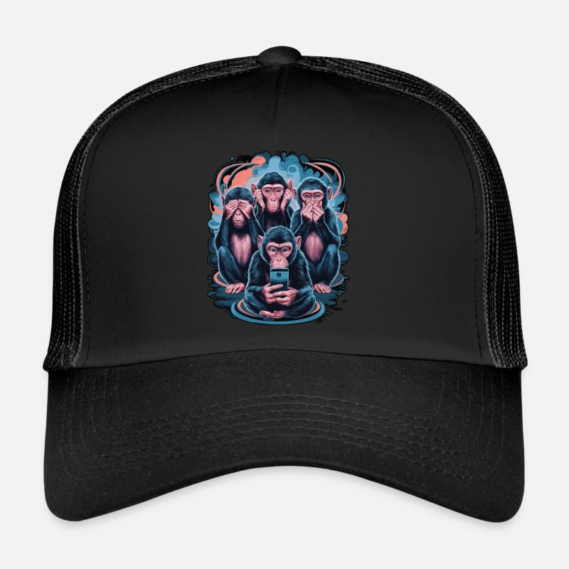 Wise Monkey With Mobile Phone Funny Multi Media Design Trucker Cap
