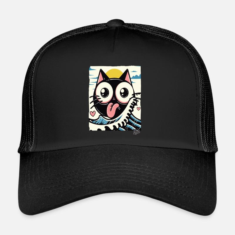 Japanese waves loving black cat - Trucker Cap - black/black