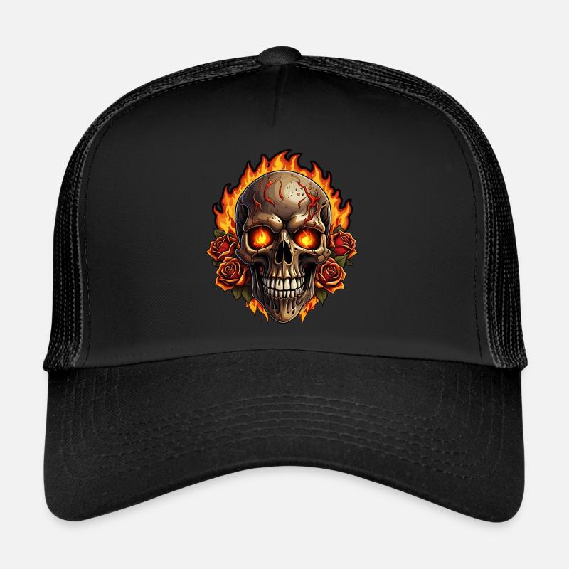 Crâne avec du feu et des roses rouges Crâne ardent Casquette trucker 