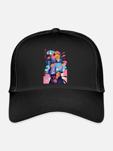Samouraï Lion Esthétique Style Vaporwave - Casquette trucker  - noir/noir - Devant