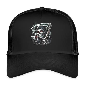 Schwarzer Humor rauchender Sensenmann zu Halloween - Trucker Cap - Schwarz/Schwarz - Vorne