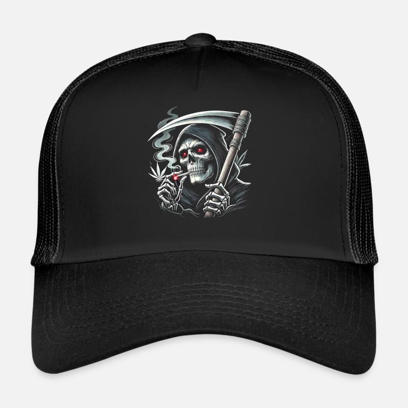 Black humor smoking Grim Reaper for Halloween Trucker Cap