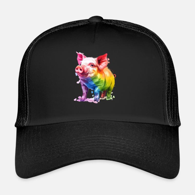 Buntes Schwein Kunstwerk Regenbogenfarben - Trucker Cap - Schwarz/Schwarz