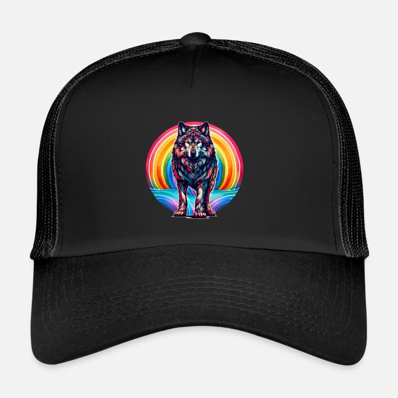 Regenbogen Wolf Wölfe - Trucker Cap - Schwarz/Schwarz